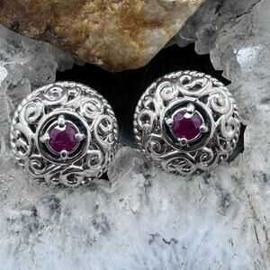 Carolyn Pollack Sterling Silver Faceted Round Ruby Omega Back Stud Earrings